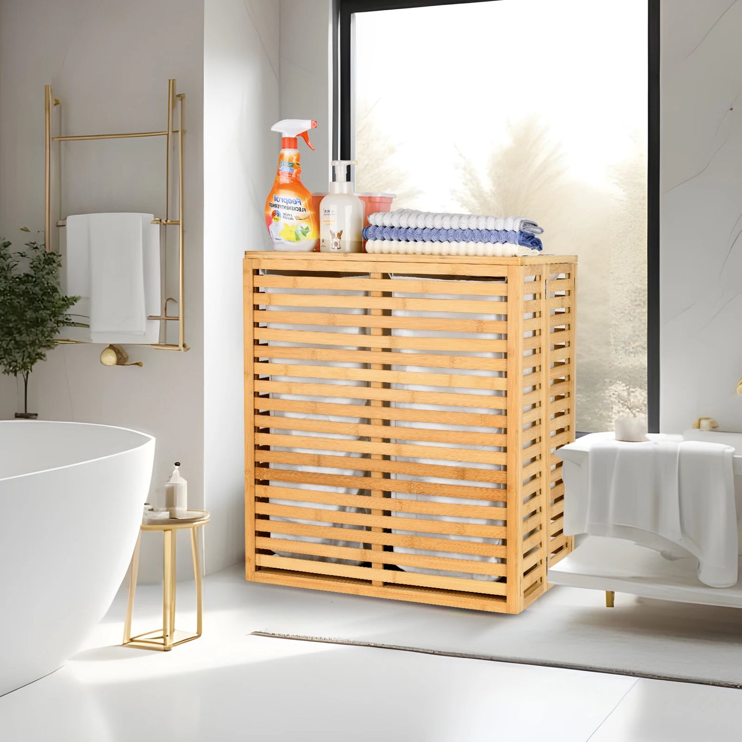 Bamboo Laundry Hamper with Lid – Foldable Clothes Basket with 2-Section Removable Liner Bag, Space-Saving Laundry Sorter for Ba