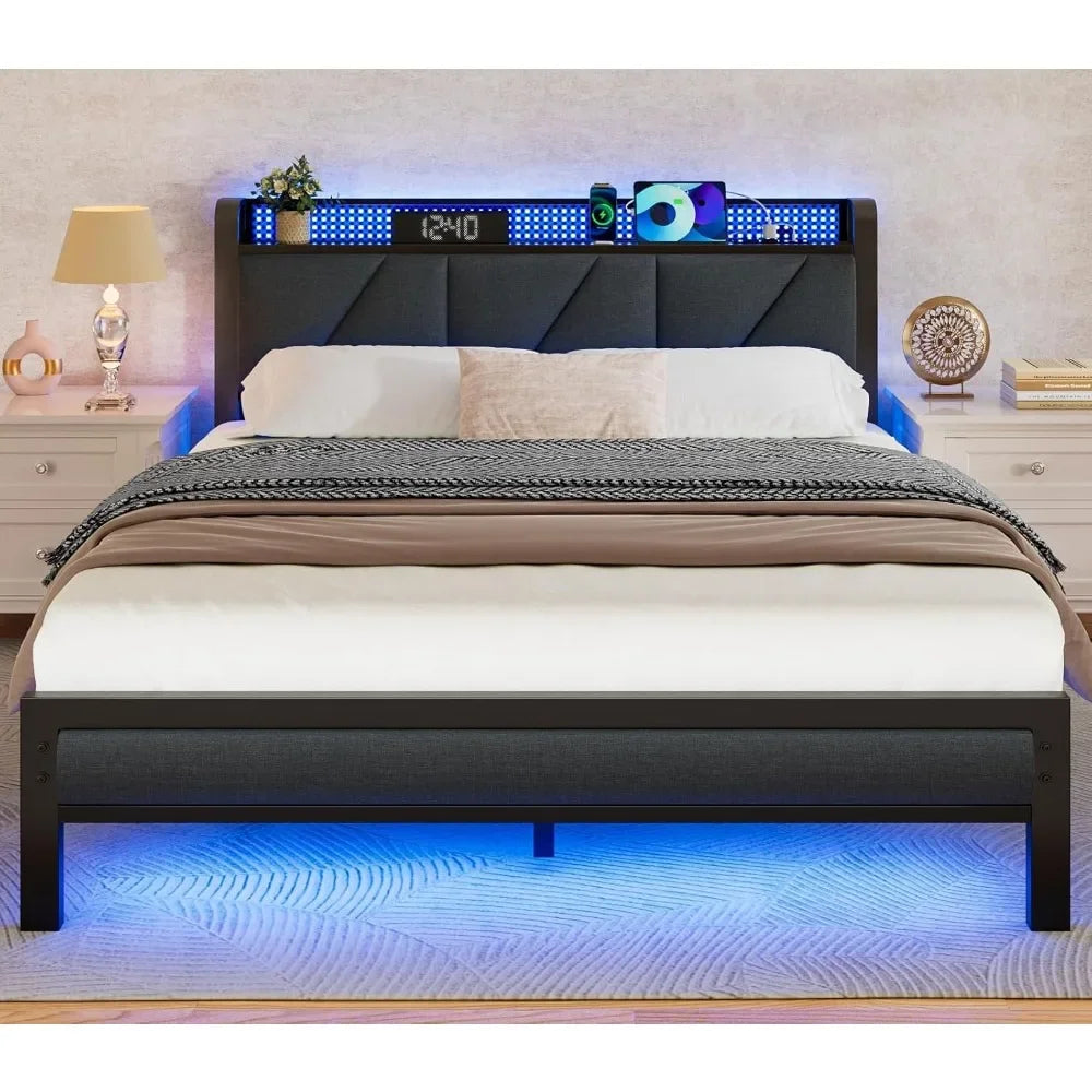 Platform Metal Bed Frame with Headboard And LED Lights Upholstered Bedframe with Charging Station And USB Port