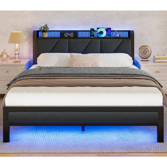 Platform Metal Bed Frame with Headboard And LED Lights Upholstered Bedframe with Charging Station And USB Port