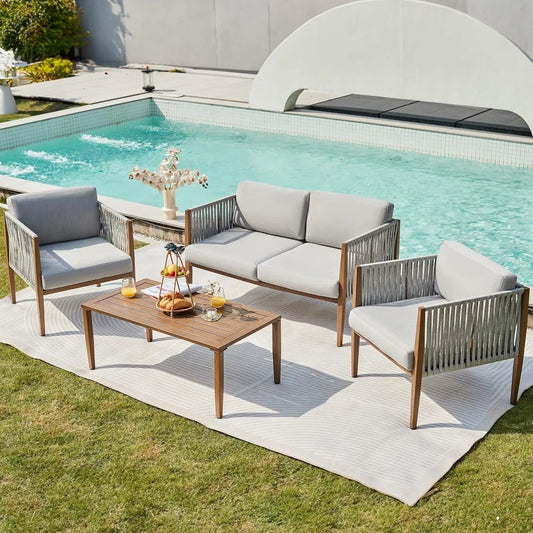 4 Pieces Patio Furniture Sets, Outdoor Patio Deep Seating Group Conversation Sofa Set with Handwoven Rope, Wooden Grain