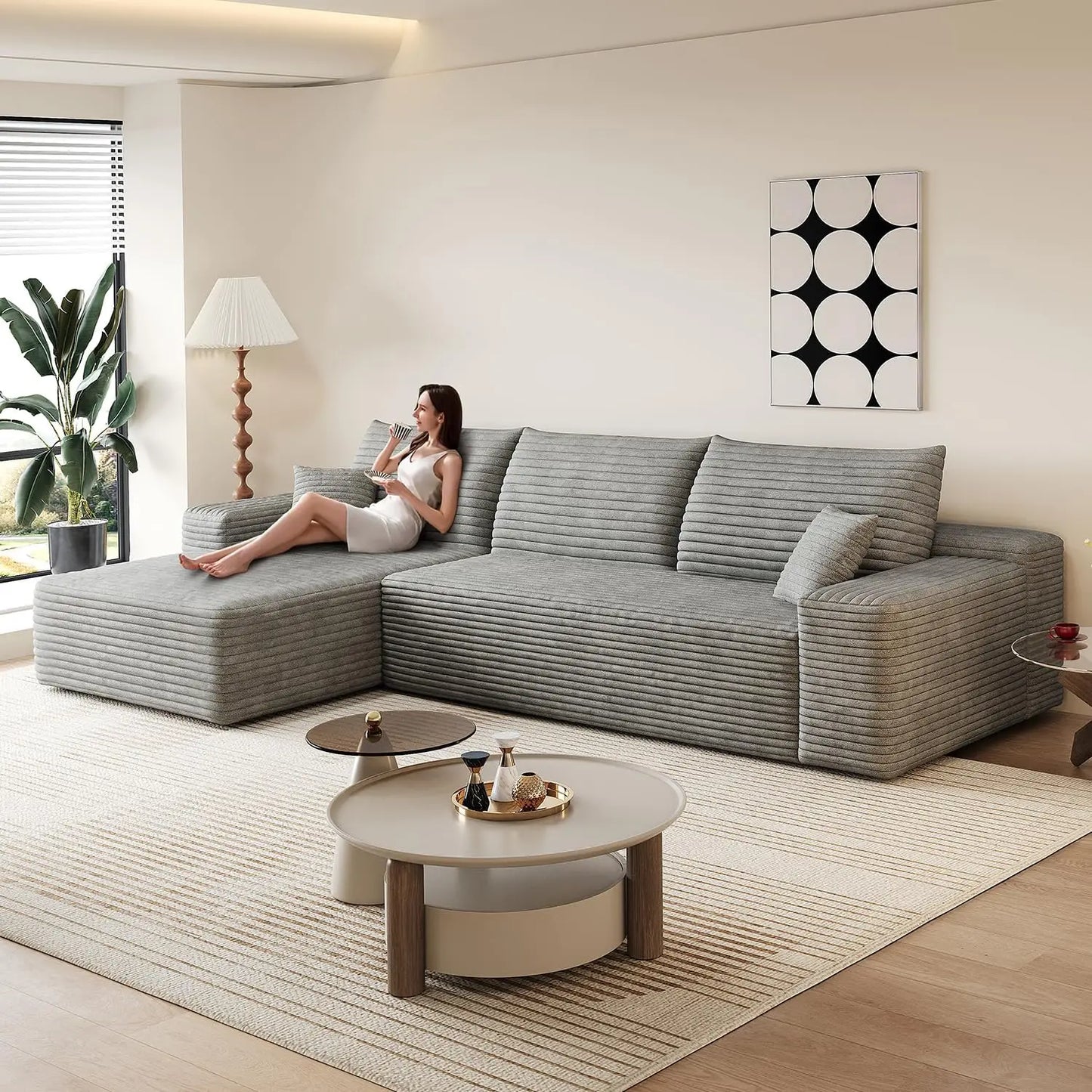 107.5" Boneless Corduroy Living Room Sofa – L-Shaped Cloud Sectional with Chaise, Modular Deep Seat & No Assembly