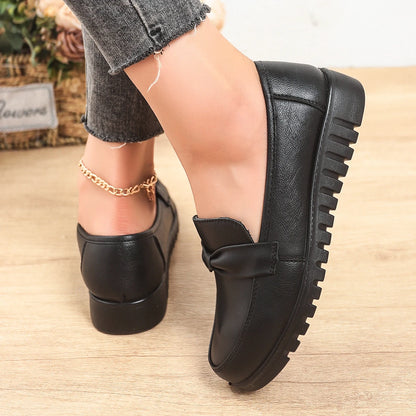 Women's Bow Detail Leather Flat Shoes - Slip On Casual Loafers with Non-Slip Sole