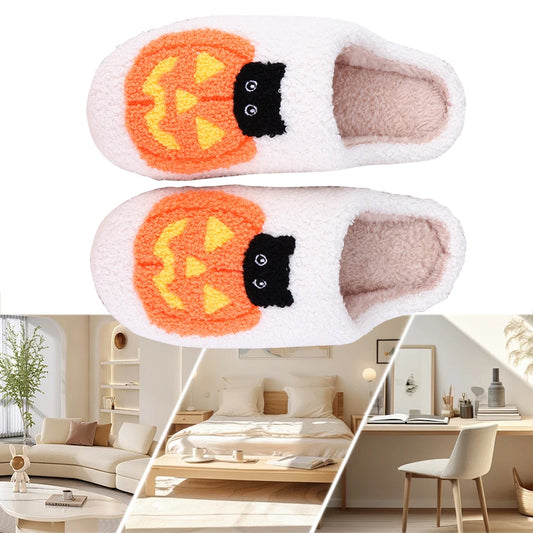 Halloween Pumpkin Cat Slippers Closed Toe Slippers Flat Thermal Slippers Warm Slip-On Unisex House Shoes Winter Halloween Gifts