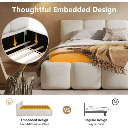 Queen Size Platform Bed, Boucle Thick Headboard and Footboard, Upholstery Grounded Beds, Block Style Grounded Beds Frame