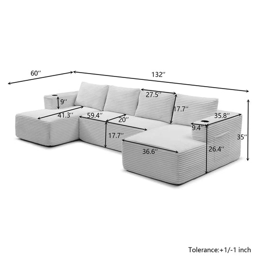 132" Modular Sectional Sleeper Sofa, Boneless Cloud Couch for Living Room, U Shaped 5 Seat Sofa with 2 Cup Holders,, Customized