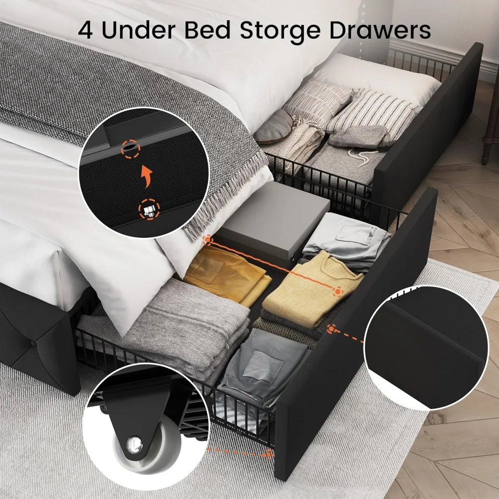 King Size Platform Bed Frame with Storage Drawers, Tufted Velvet Headboard, Easy Assembly, Black