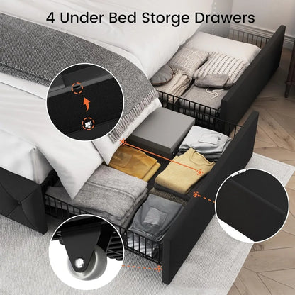 King Size Platform Bed Frame with Storage Drawers, Tufted Velvet Headboard, Easy Assembly, Black
