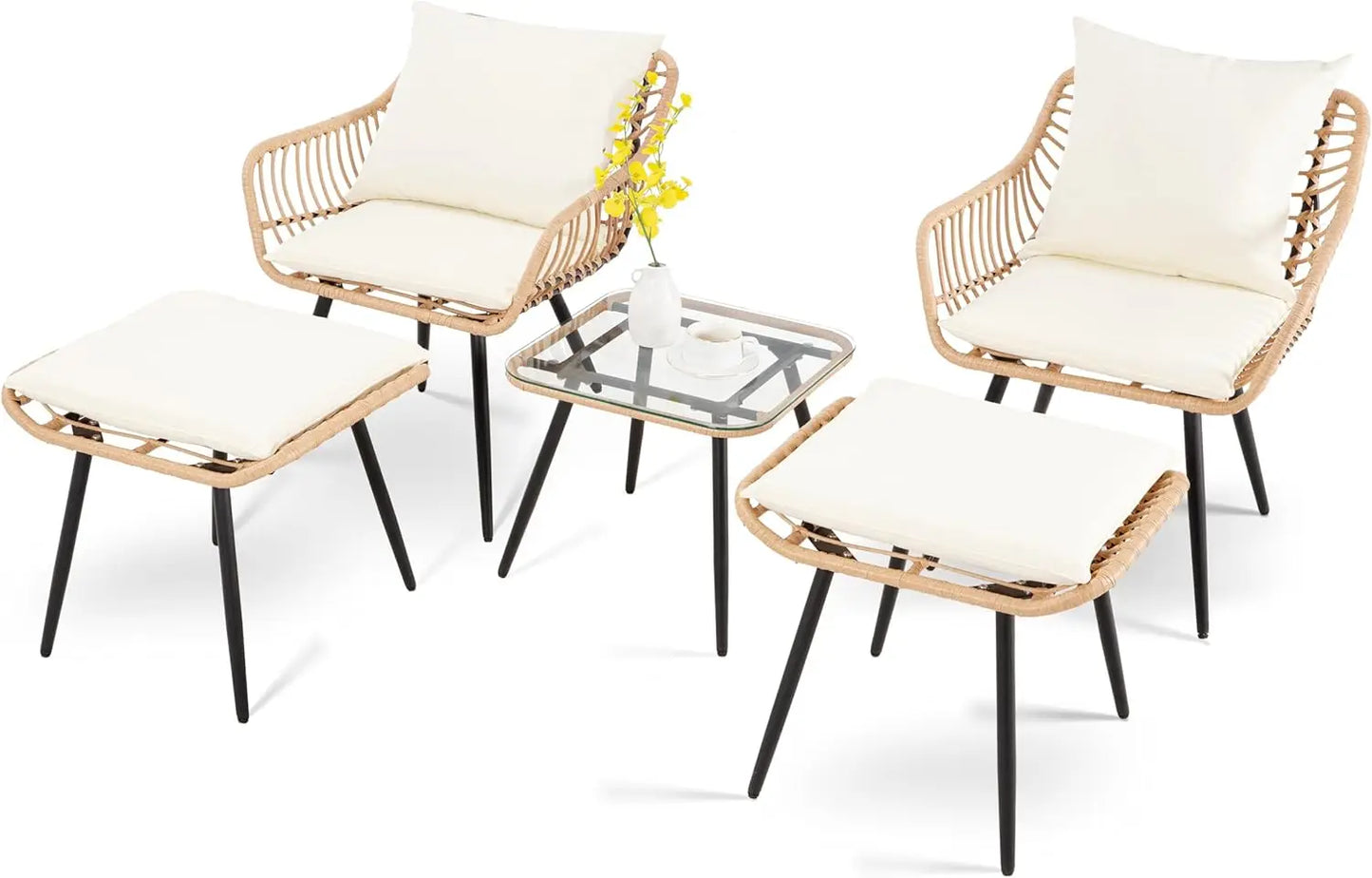 5 Piece Patio Bistro Set with Ottoman, Outdoor Wicker Apartment Balcony Furniture Sets, Rattan Table and Chairs Set of 2