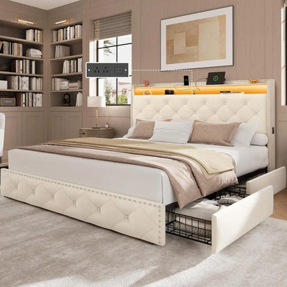 Queen Size Bed Frame with 4 Storage Drawers and Charging Station, Velvet Upholstered Platform Bed Frame with LED, Customized