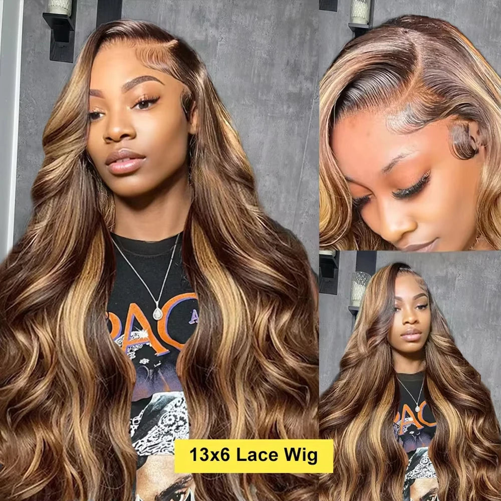 180 200 Density 100% Human Hair Body Wave Wigs P4/27 Highlight Colored 13x4 13x6 HD TranspatentLace Frontal 18-46 Inch Remy Hair