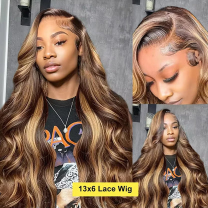 180 200 Density 100% Human Hair Body Wave Wigs P4/27 Highlight Colored 13x4 13x6 HD TranspatentLace Frontal 18-46 Inch Remy Hair