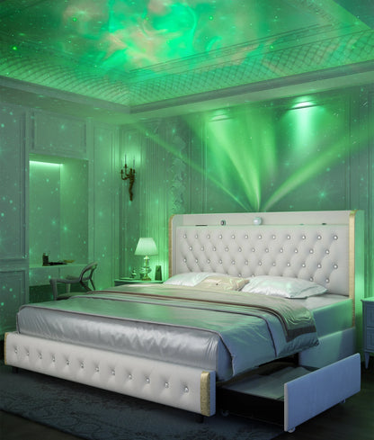 GEGOFORU Queen LED Bed Frame with Galaxy Projector, Bluetooth Speaker, USB Ports, 4 Drawers, No Box Spring Needed, PU Black