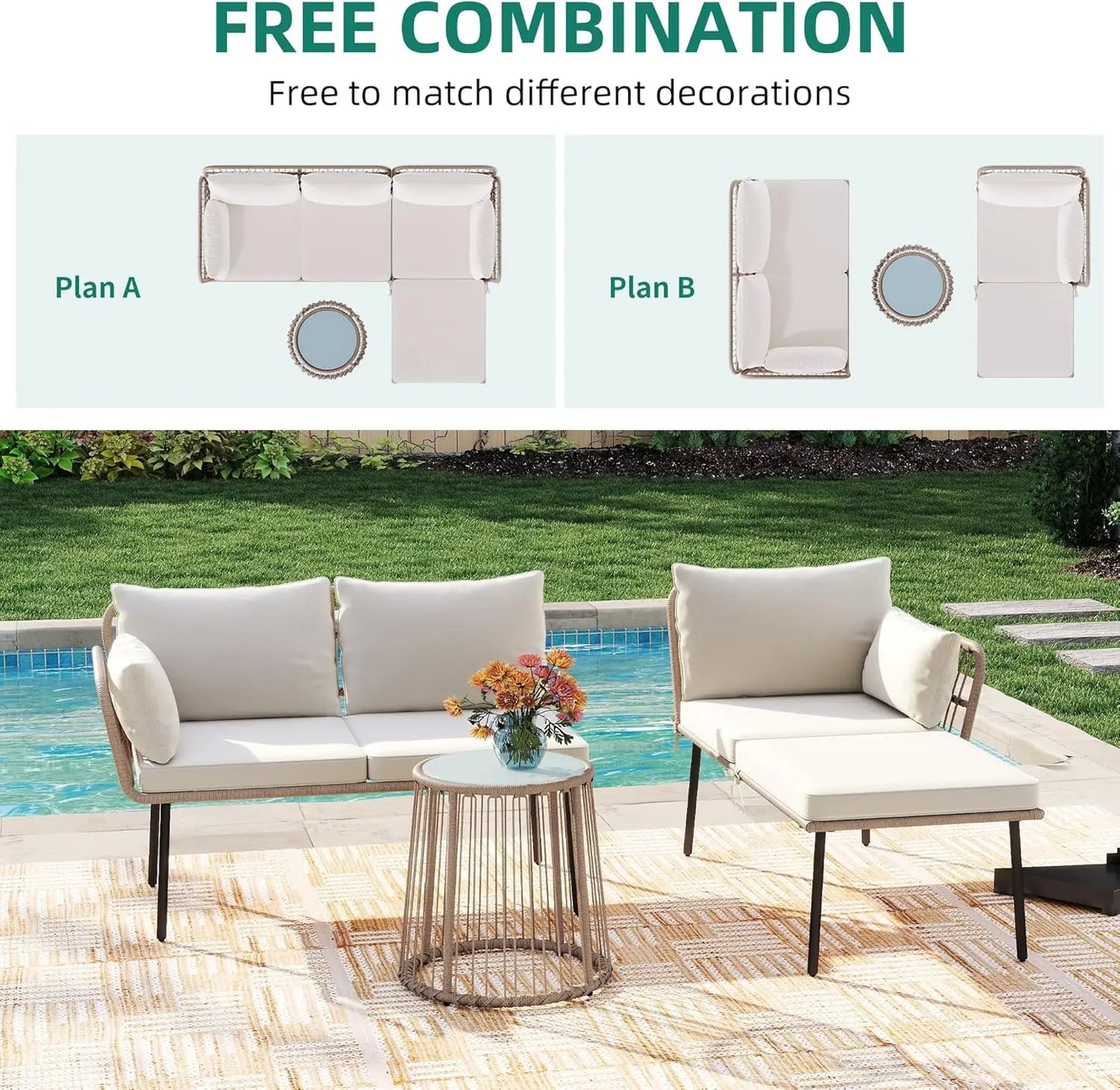 3 Pieces Patio Furniture Set, Outdoor Wicker Conversation Sectional L-Shaped Sofa with 4 Seater