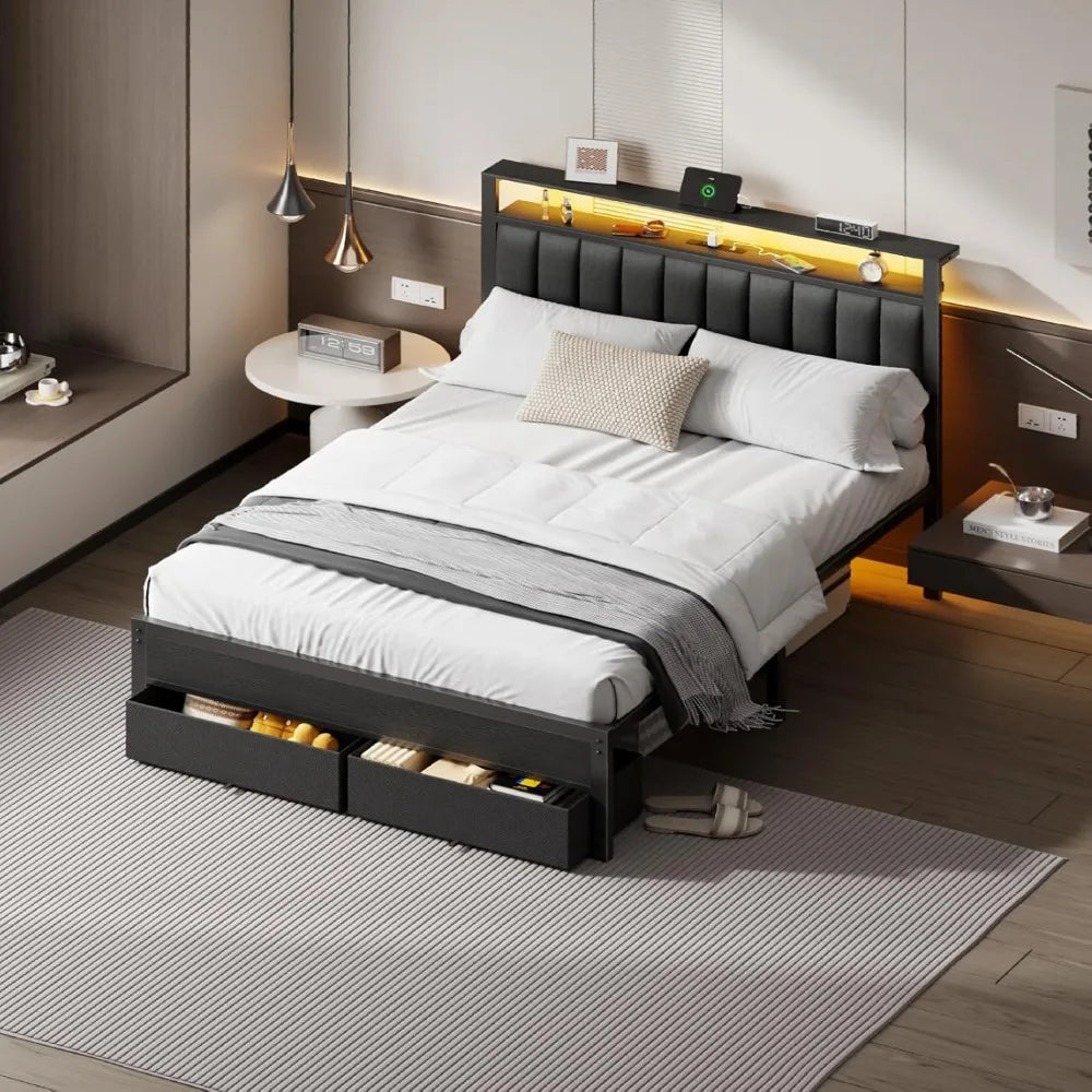 Bed Frame with Charging Station and LED Lights, Grey Upholstered Headboard with Shelves, Metal Platform Bed, Customized