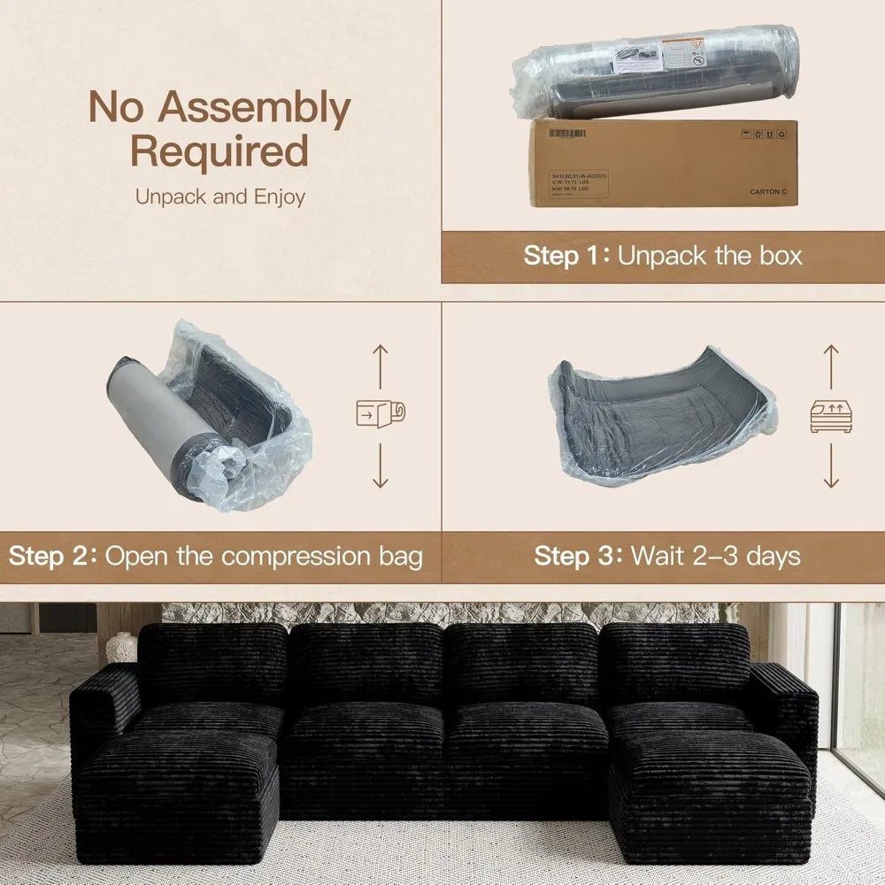 Cloud Sectional Couches for Living Room Plush Corduroy U Shaped Boneless Modular Sectional Sofa with Deep Seat. Black Couch.