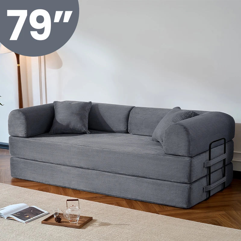 79’’ Folding Convertible Sofa Bed Corduroy Upholstered Boneless Couch, Loveseat Sleeper Floor Sofa for Living Room Bedroom