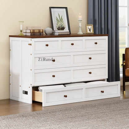 Solid Pine Murphy Bed Chest with Charging Station and Large Storage Drawer for Home Office or Small Room , Queen, White+Walnut