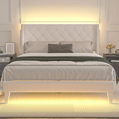 Full Size LED Bed Frame with Velvet Upholstery, Tufted Headboard, Wooden Slats, and Under-Bed Storage in Beige