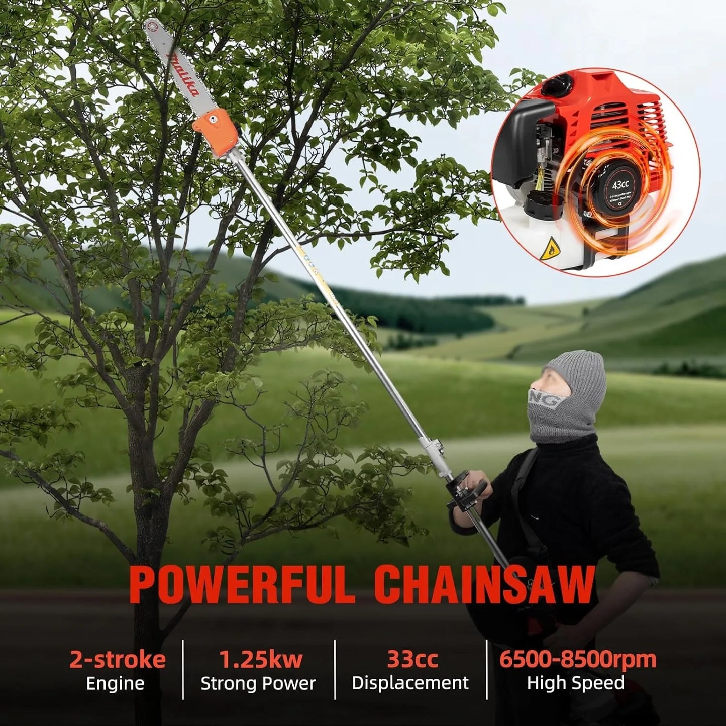 42.7CC Gas Powered Pole Saws 2-Stroke Gas Pole Saws with Single-Cylinder , Pole Chainsaw Suitable for Pruning Branches