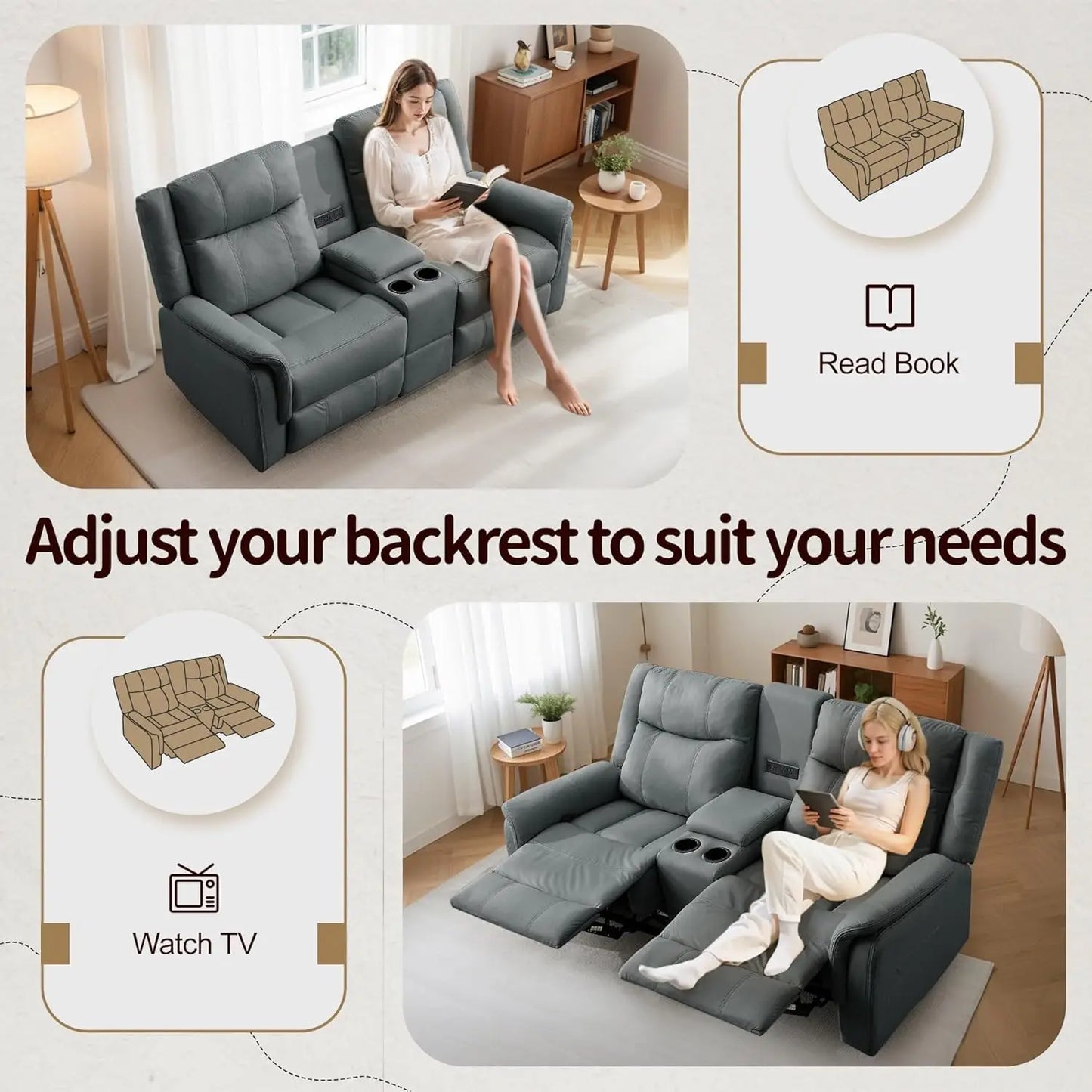 Loveseat Recliner Sofa, Reclining Loveseat Couch, Reclining Couch with Console, USB Port, US Outlets, and Cup, Customized