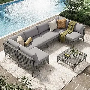 U-MAX 7 Piece Outdoor Patio Furniture Set, PE Rattan Outdoor Wicker Sectional Furniture Chair Set with Cushions and Tea Table, B