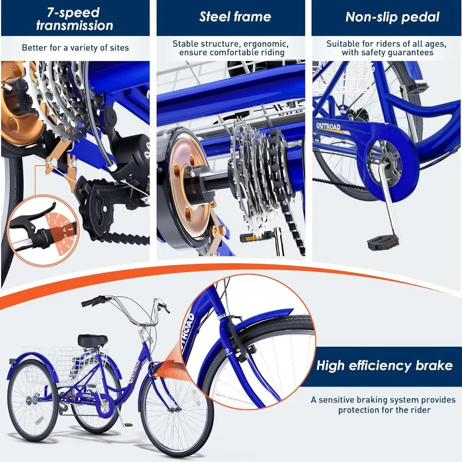 24 26 Inch 1 7Speed Adult Tricycle with Basket 3 Wheel Adult Tricycle Cruise Bike for Women Men Seniors