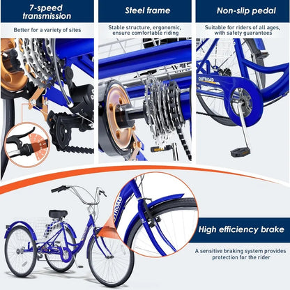 24 26 Inch 1 7Speed Adult Tricycle with Basket 3 Wheel Adult Tricycle Cruise Bike for Women Men Seniors