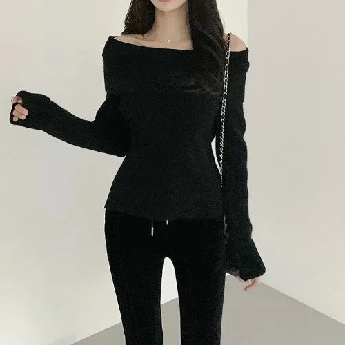 Korean Style Pure Desire One Shoulder Knitted Sweater Thickened Long Sleeve Slim Fit Women's Fashion Autumn Clothes