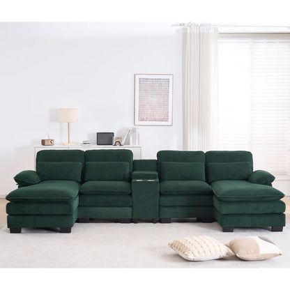 124" Modular U-Shaped Sectional Sofa, 4-Seater Cloud Couch Corduroy Living Room Set w/ Storage Console, Cup Holders, Pillows