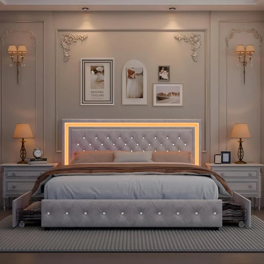 LED Bed Frame, Upholstered Bed with 4 Drawers, Adjustable Upholstered Headboard Diamond Bed Frame, No Box Spring Needed