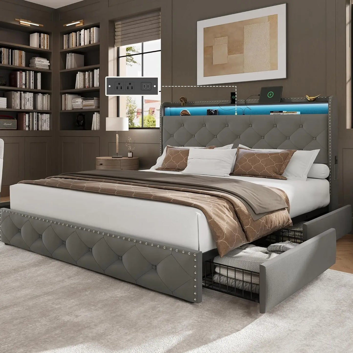 Queen Size Bed Frame with 4 Storage Drawers and Charging Station, Velvet Upholstered Platform Bed Frame with LED, Customized