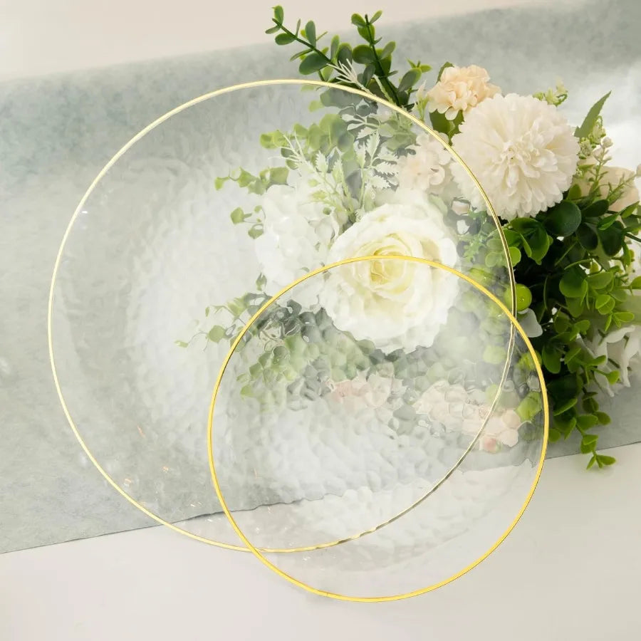 100Pcs Clear Gold Plastic Plates 7 Inch Hammered Disposable Heavy Duty Dessert Plates with Gold Rim Round Salad Plates for Wedd