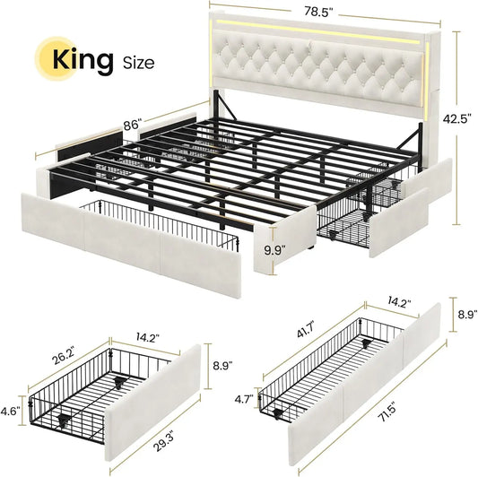 Velvet LED Bed Frame with 5 Drawers, Hidden Storage Headboard, Charging Station & Metal Slats Support - Beige