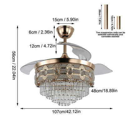 VETRULUS Modern Smart Ceiling Fan Chandelier Gold RC Adjustable 6 Speed Pendant Light Luminaire Bedroom 3 Heads Led Fandelier