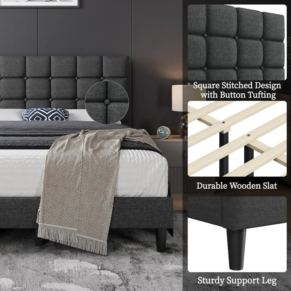 Upholstered Bed Frame, Modern Queen Bed Platform with Square Stitched&Button Tufting Headboard Height Adjustable, Wooden