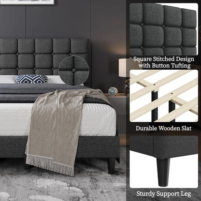 Upholstered Bed Frame, Modern Queen Bed Platform with Square Stitched&Button Tufting Headboard Height Adjustable, Wooden
