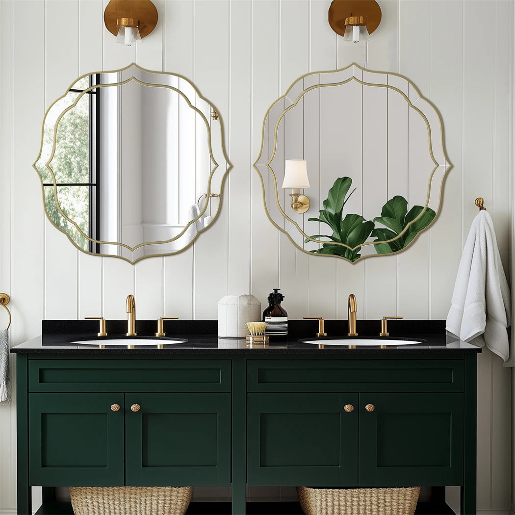 Large Wall Mirror Modern Decorative Mirror Flower Shaped Accent Mirror Beveled Golden Rim for Hallway Living Room Bedroom