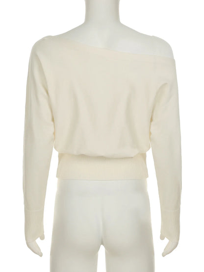 Solid Off-Shoulder Sweater Loose Slash Neck Long Sleeve Knitted Pullovers Women Autumn Winter Fashion Casual Lady