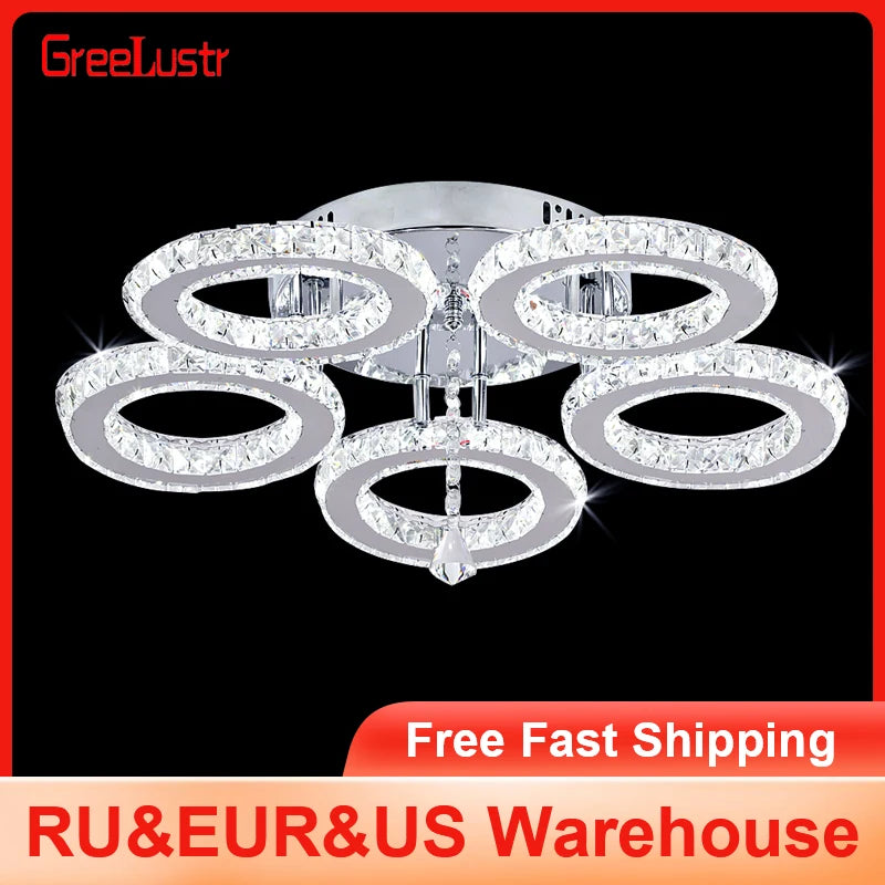 5 Rings Crystal Led Chandeliers Ceiling Mirror Stainless Steel Lustre Cristal For Kitchen Luminarias Parateto Fixtures Plafonier
