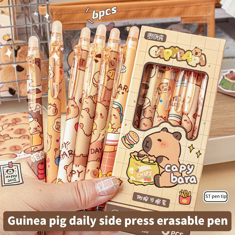6Pcs Cute Capybara Gel Pens Kawaii Pen Set Quickly-Drying Blue Erasable Pens Office School Supplies Kawaii Aesthetic Stationery
