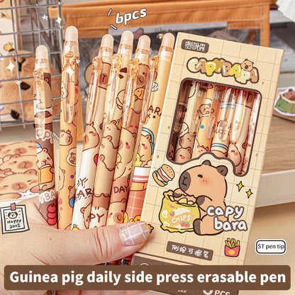 6Pcs Cute Capybara Gel Pens Kawaii Pen Set Quickly-Drying Blue Erasable Pens Office School Supplies Kawaii Aesthetic Stationery