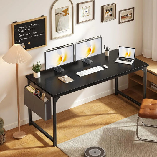 63 Inch Computer Desk for Small Spaces, Gaming Office Work Table with Storage Bag, Black White Brown