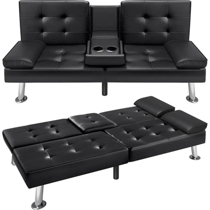 VICTONE Futon Sofa Bed Modern Faux Leather Couch Bed Convertible Folding Recliner for Living Room with 2 Cup Holders and Armrest