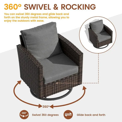 Patio Furniture Set, 6 Pieces Outdoor Sectional Couch with Swivel Rocking Chair, Brown Wicker Rattan Conversation Sofa, 4 Thick
