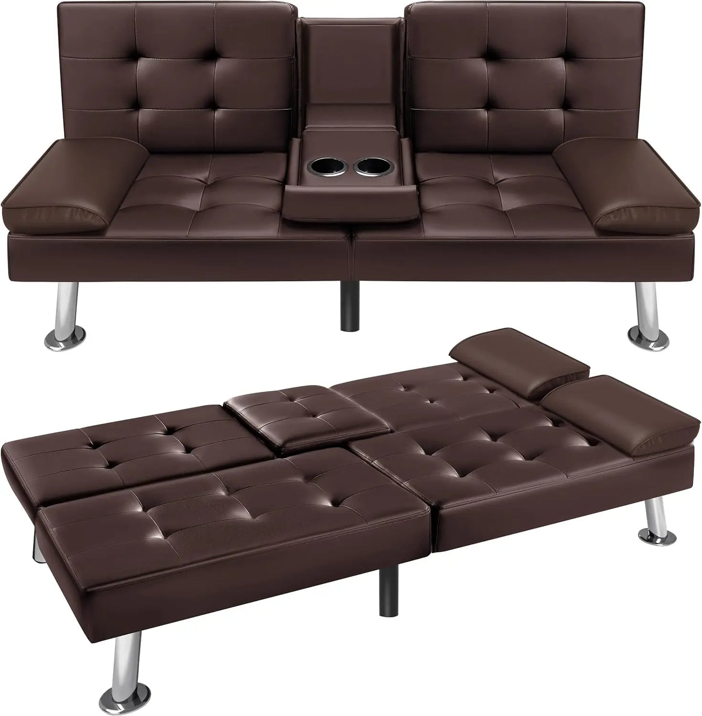 VICTONE Futon Sofa Bed Modern Faux Leather Couch Bed Convertible Folding Recliner for Living Room with 2 Cup Holders and Armrest