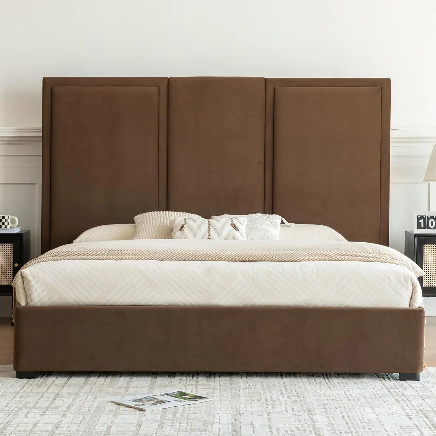 King Size Bed Frame with 64-inch High Headboard, Simple and Airy Linen Upholstered Platform Bed with Storage, Customized