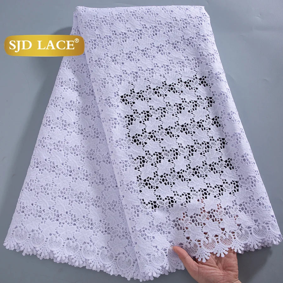 SJD LACE African Sequins Guipure Cord Lace Fabrics 5 Yards White 2025 New Nigerian Water Soluble Lace For Women Dresses Sew 4197