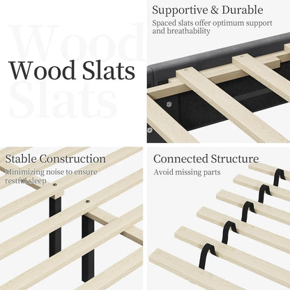 Velvet Upholstered Platform Bed with Adjustable Headboard, Noise-Free Wooden Slats, Easy Assembly, Dark Gray Full Size