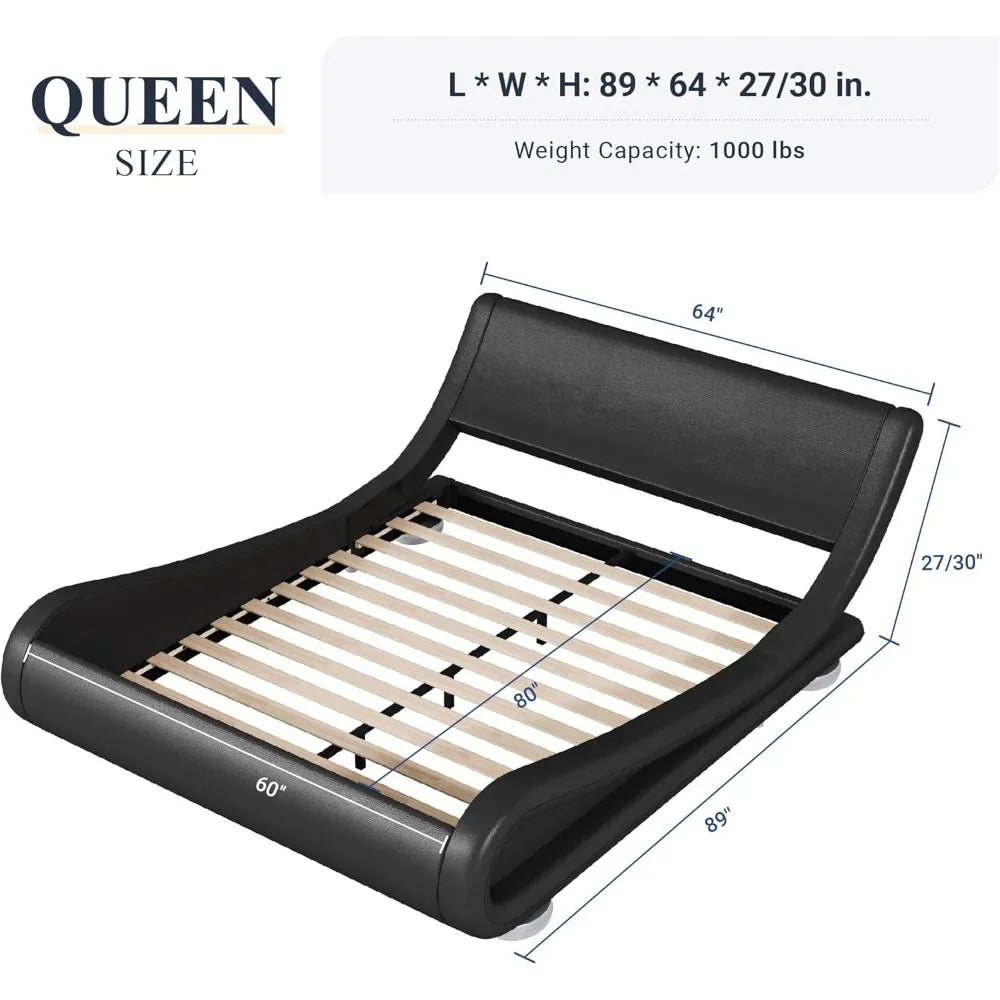 Allewie Queen Size Bed Frame with Ergonomic & Adjustable Headboard, Low Profile Modern Upholstered Platform Sleigh Design - Easy