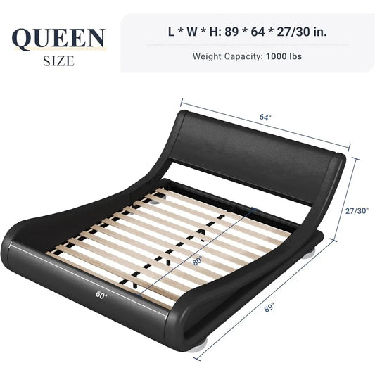 Allewie Queen Size Bed Frame with Ergonomic & Adjustable Headboard, Low Profile Modern Upholstered Platform Sleigh Design - Easy
